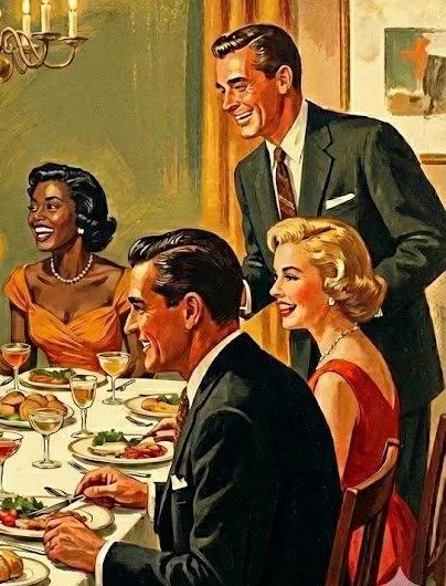 Detail of the painting: guests laughing at the table as a host leans in.