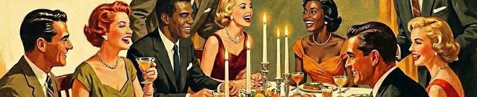 Detail of the painting: the set dinner table with glasses, plates, and a roast at the center.