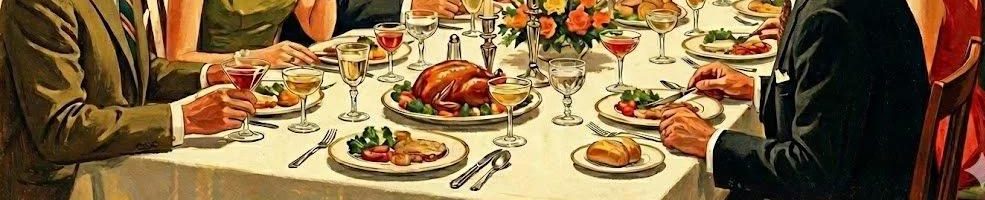 Detail of the painting: the set dinner table with glasses, plates, and a roast at the center.