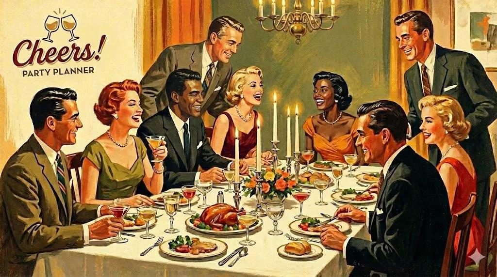 A painted mid-century dinner party: friends laughing and toasting around a candlelit table, with the Cheers! Party Planner logo in the corner.