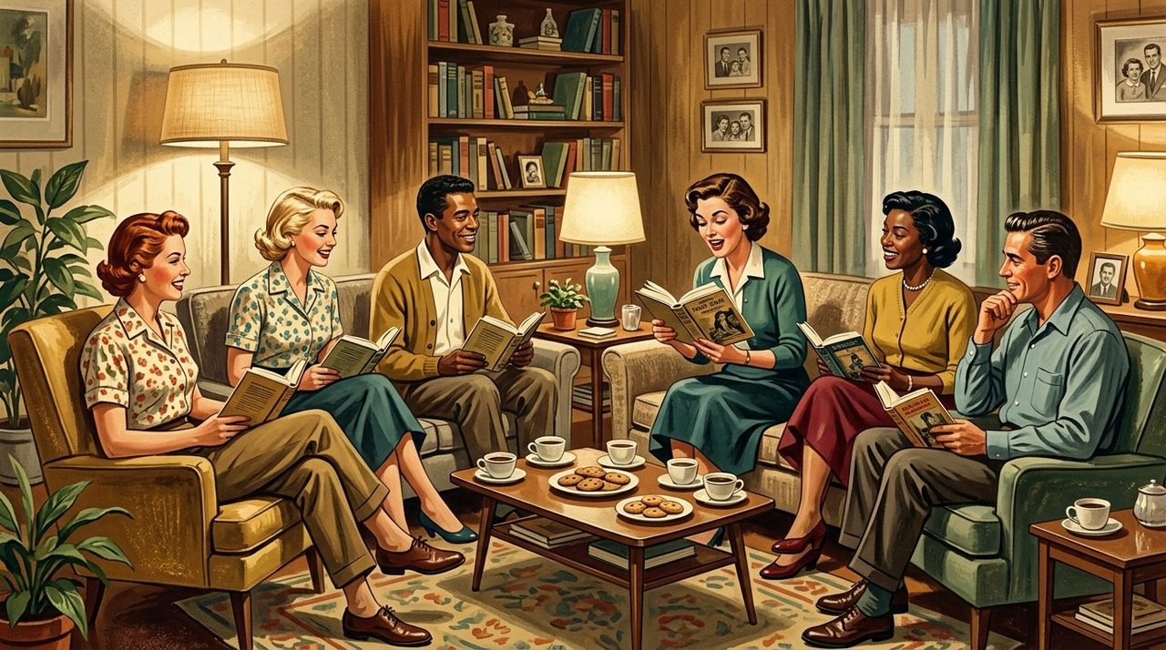 A painted mid-century book club: six friends in armchairs around a coffee table with cookies and coffee, one reading a passage aloud.