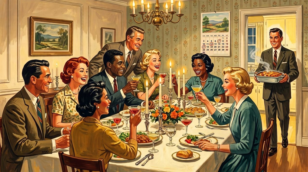 A painted mid-century supper club: friends toasting around a candlelit table as the host carries in a steaming dish, a calendar with circled dates on the wall.