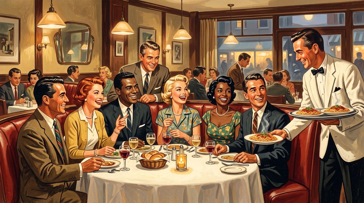 A painted mid-century restaurant club: friends laughing in a cozy neighborhood restaurant booth as a waiter brings plates to the table.