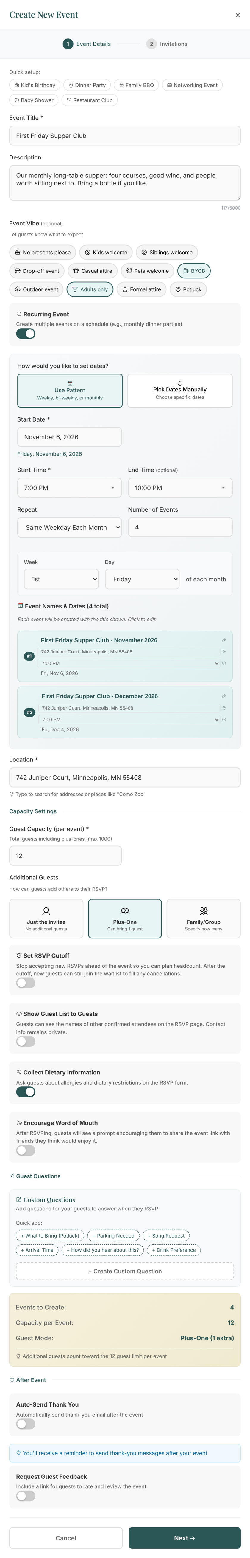 Create New Event form with title, description, vibe tags such as BYOB and Potluck, and a recurring event toggle.
