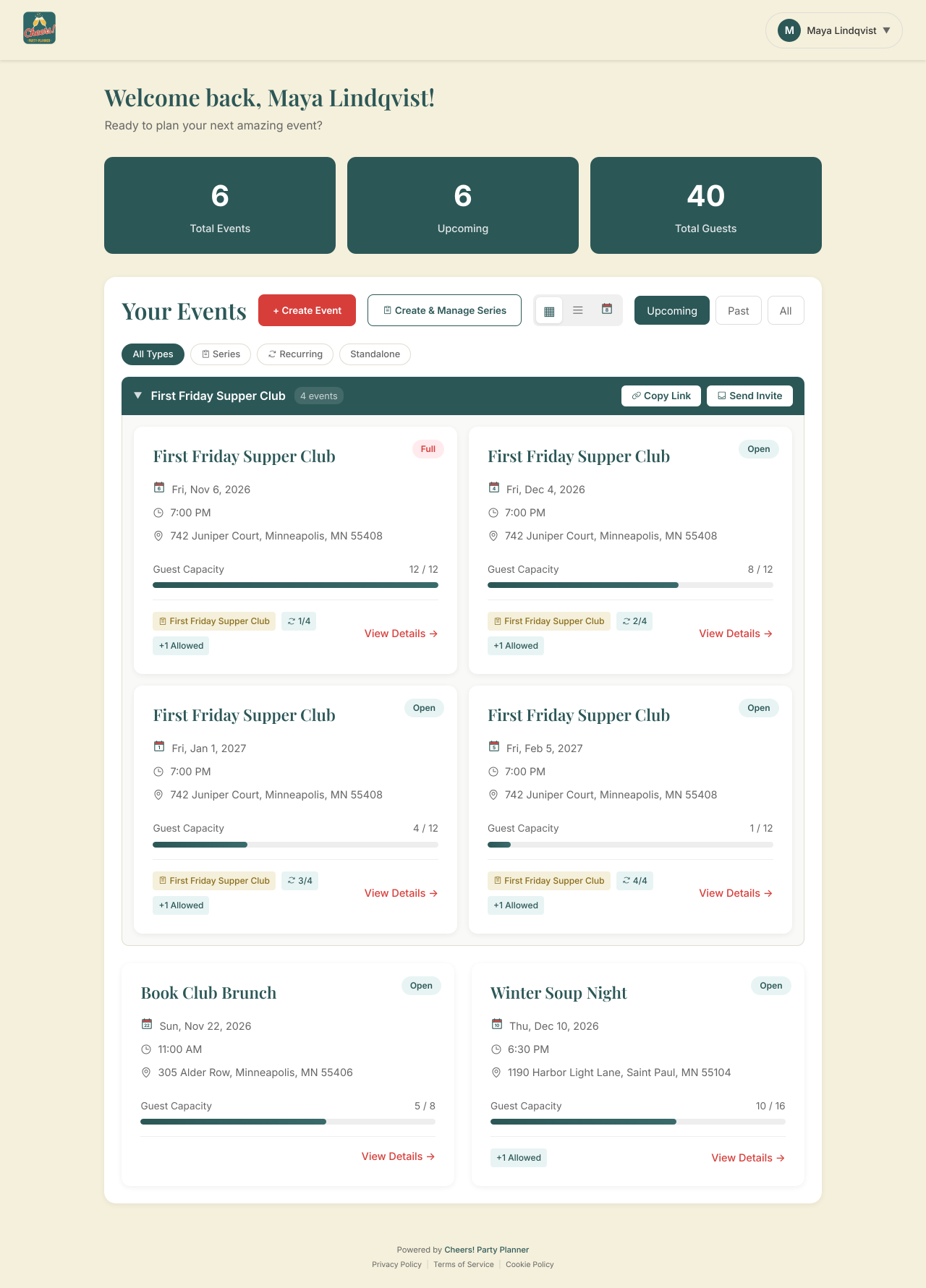 Cheers! host dashboard with totals for events and guests, and upcoming event cards showing guest capacity bars.