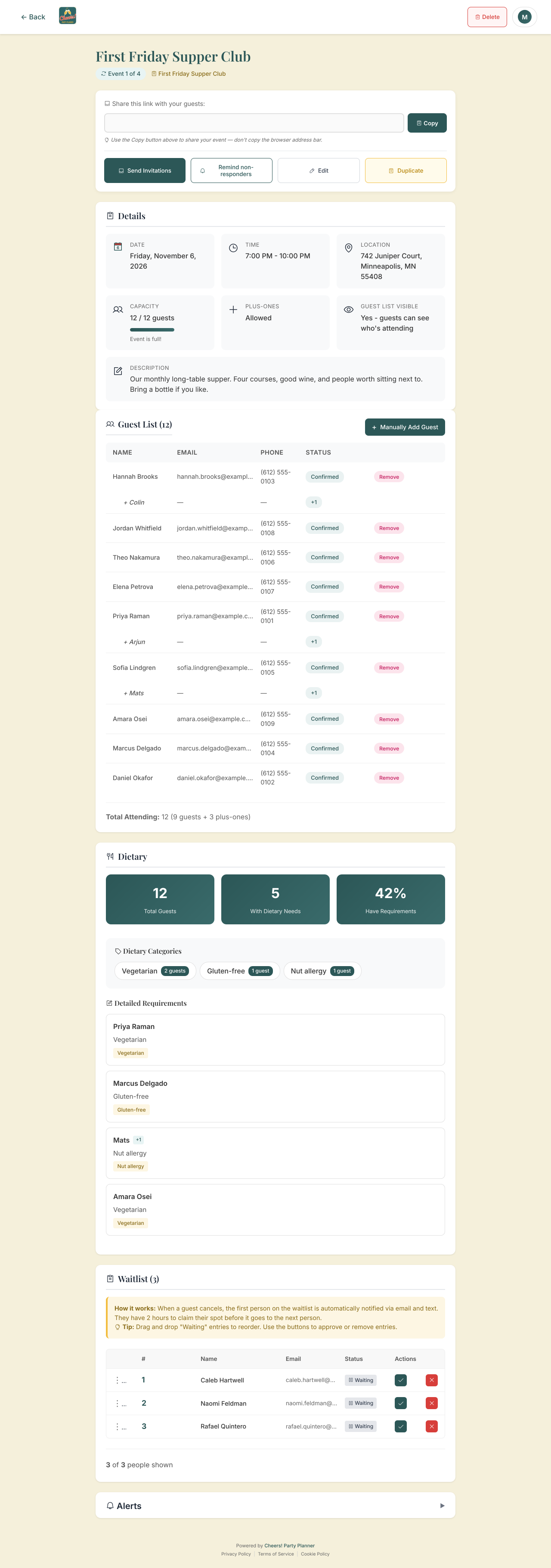 Host view of First Friday Supper Club: event details, a guest list of 12 with plus-ones, dietary needs summary, and a waitlist of three.