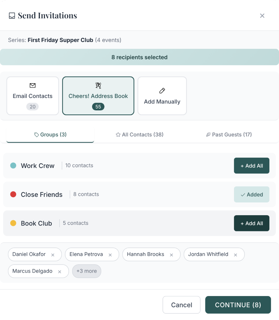 Send Invitations panel with Email Contacts, the Cheers! Address Book, and groups like Close Friends.