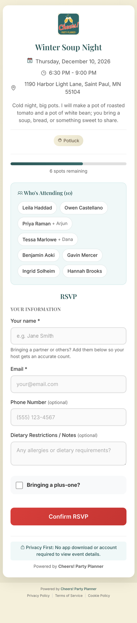Guest RSVP page on a phone: event details, seats remaining, who's attending, and a short RSVP form.