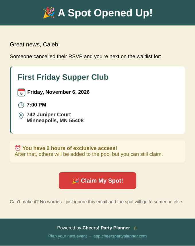 The email a guest gets when a seat opens up: a spot opened for First Friday Supper Club, two hours to claim it, and a Claim My Spot button.